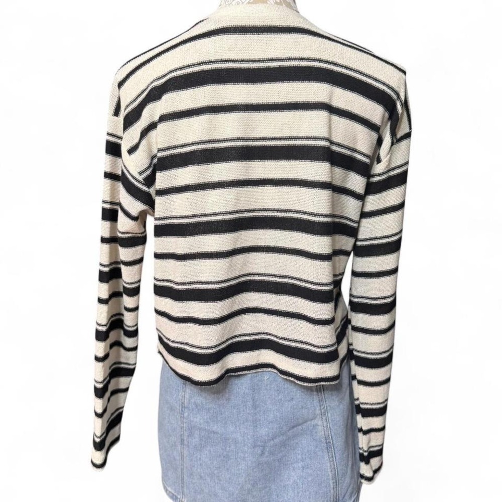 Classic Striped Black and White Long Zara Sweater Open Front Boho Layering Piece - Picture 3 of 4